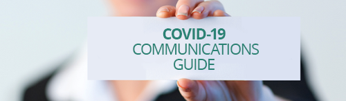 sign on card held by mortgage business woman that reads Covid-19 communications guide