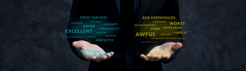 Businessman's hands open palms with customer service word descriptions