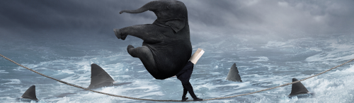 mortgage lender walks tightrope over stormy shark invested ocean while carrying elephant on his back