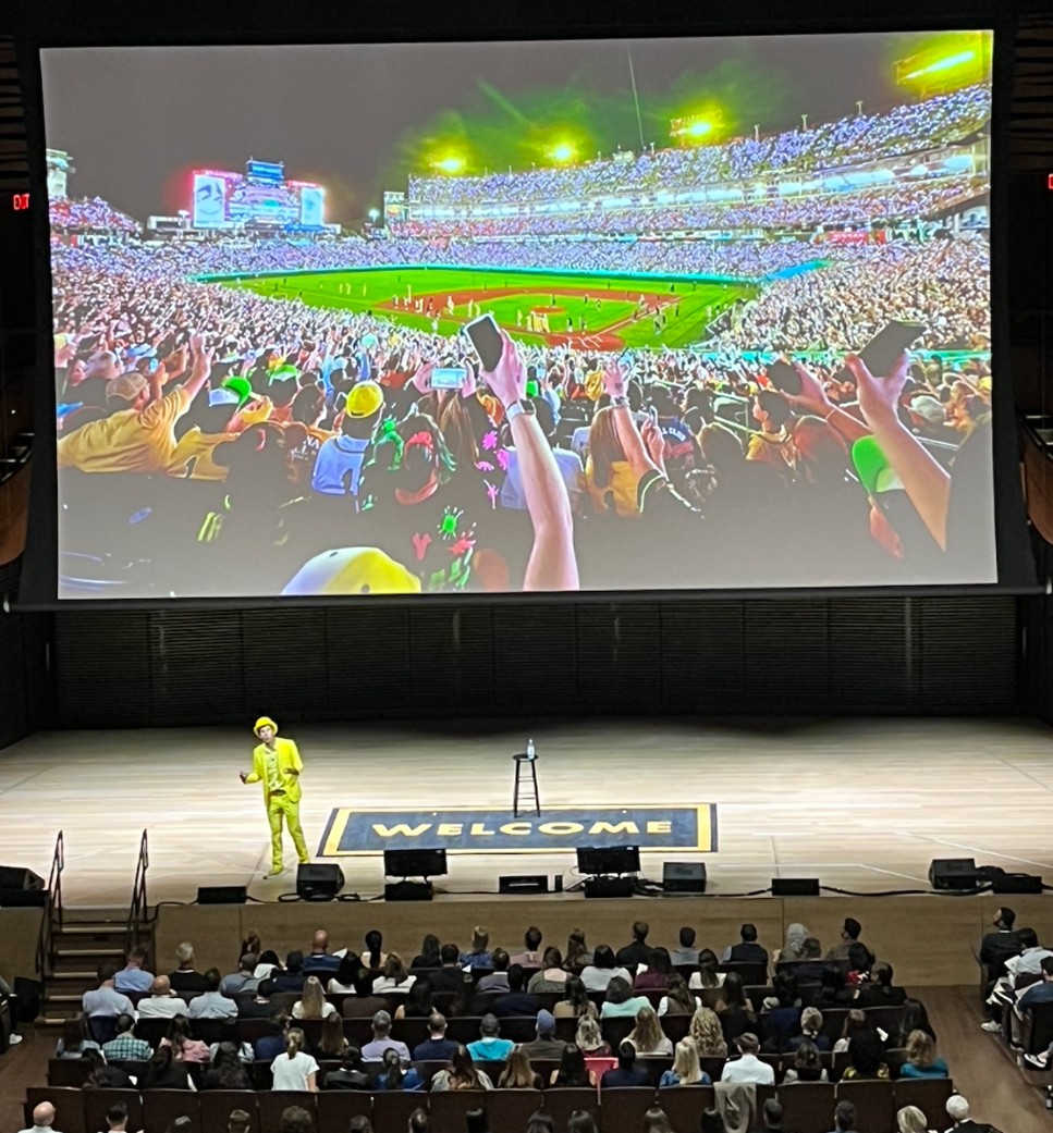 Jesse Cole, founder of the Savannah Bananas, on stage at the Welcome Conference in New York City.