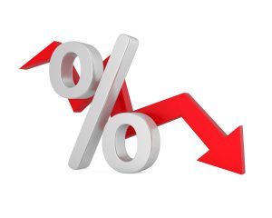 percent sign and red arrow showing downward trend.